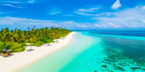 A dreamy aerial view of Maldives island's tropical beach, with its crystal-clear turquoise waters, white sand, and palm trees casting shadows on the sand. Generative Ai