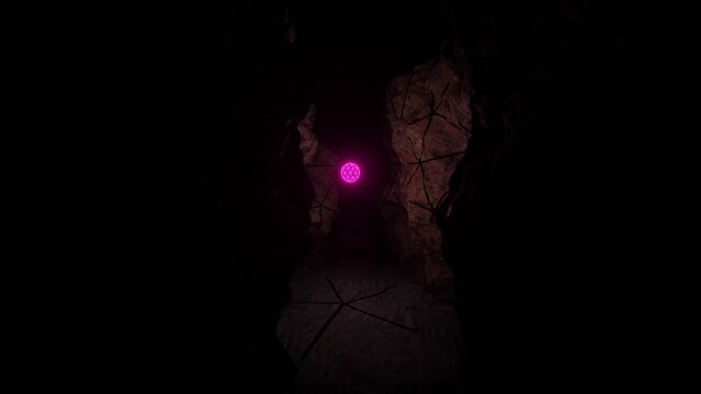 a glowing neon figure flies through an endless dark cavern. looped animation. 3d render