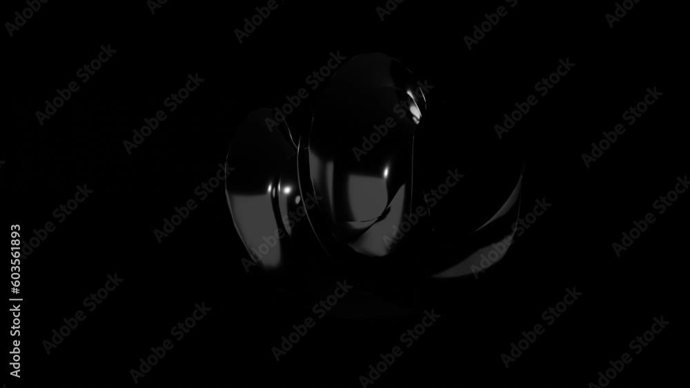 Poster an abstract figure made of black smooth plastic deforms and rotates and moves on a black background.