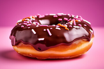 Delicious sweet gourmet chocolate glazed donut with sprinkles on a pink background