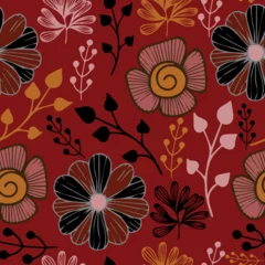 Tuinposter Botanical seamless floral pattern of flowers and leaves on red background © AhmedSherif