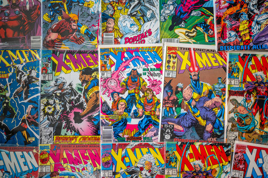 Calgary, Alberta - May 17, 2023: Covers of vintage Marvel X-Men comics.