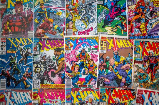Calgary, Alberta - May 17, 2023: Covers of vintage Marvel X-Men comics.