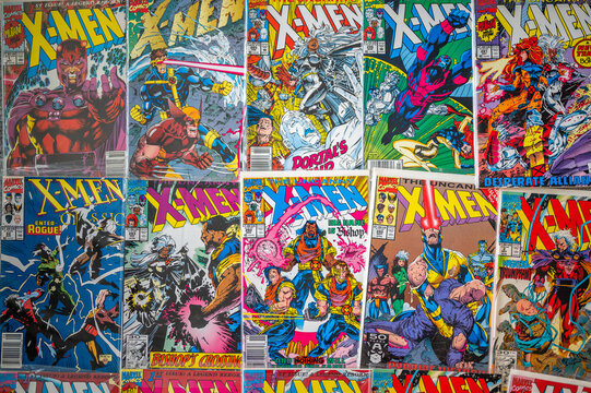 Calgary, Alberta - May 17, 2023: Covers of vintage Marvel X-Men comics.