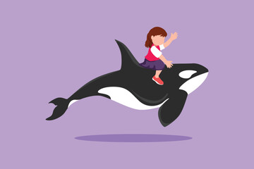 Character flat drawing of bravery little girl riding orca. Adorable kids sitting on back whale killer in deep zoo swimming pool. Whale killer or orca in deep water. Cartoon design vector illustration © onetime