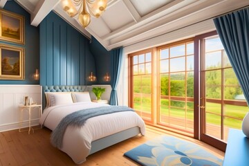 panoramic white bedroom interior with blue bed, niche shelves, night table, bed table and parquet floor. Concept of modern design. Corner view