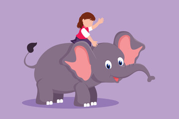 Graphic flat design drawing pretty little girl riding elephant at amusement park. Child sitting on back elephant and travelling. Happy kids learning to ride elephant. Cartoon style vector illustration