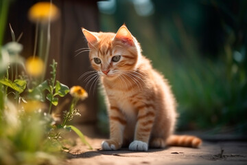Naklejka na ściany i meble a kitten sits on a path among the grass and wildflowers and looks at something in the grass warily and with curiosity, ai generated