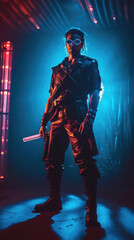 Photo realistic science-fiction, fantasy, illustration of a synthwave, black, spaceship pilot or smuggler. Anatomy and lighting reference. Generative AI.