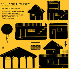 Vector illustration with text Village houses and five types of houses along with a well, fence, tree and grass in black with yellow background