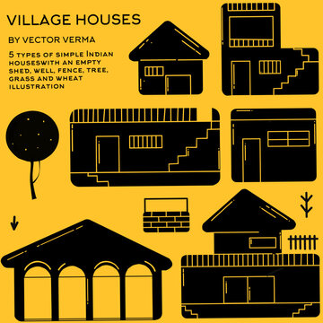 Vector illustration with text Village houses and five types of houses along with a well, fence, tree and grass in black with yellow background