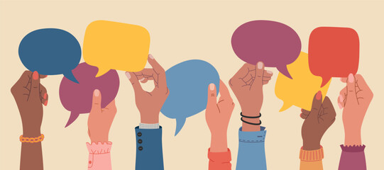 Diverse hands holding speech bubbles, people exchange ideas. Team cooperation and communication concept. Hand drawn vector illustration isolated on light background, flat cartoon style.