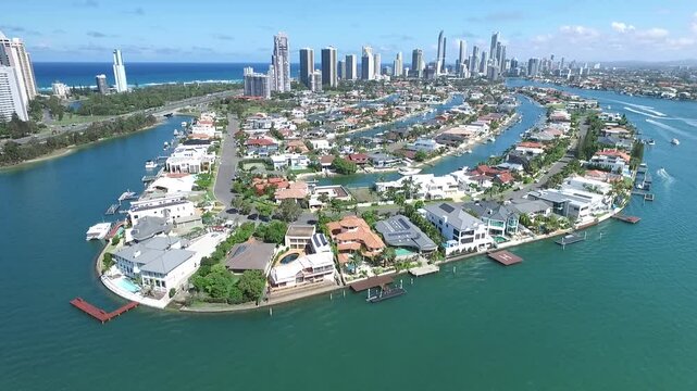 Aerial view circling Macintosh island and waterfronts, with a southerly view towards Surfers Paradise. Gold Coast, Australia