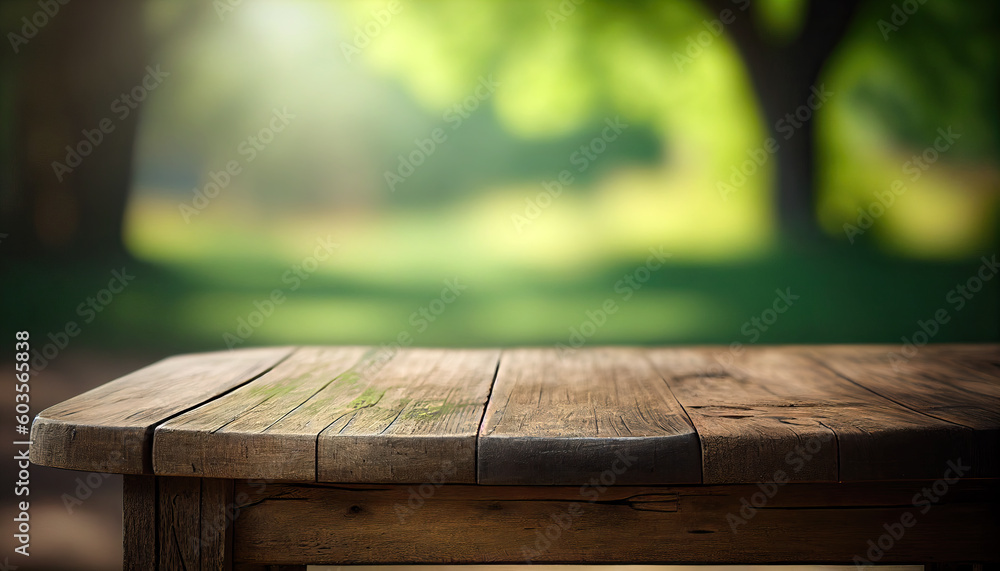 Wall mural empty old wooden table with green nature background