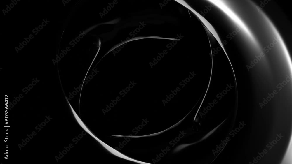 Aufkleber an abstract figure made of black smooth plastic deforms and rotates and moves on a black background.