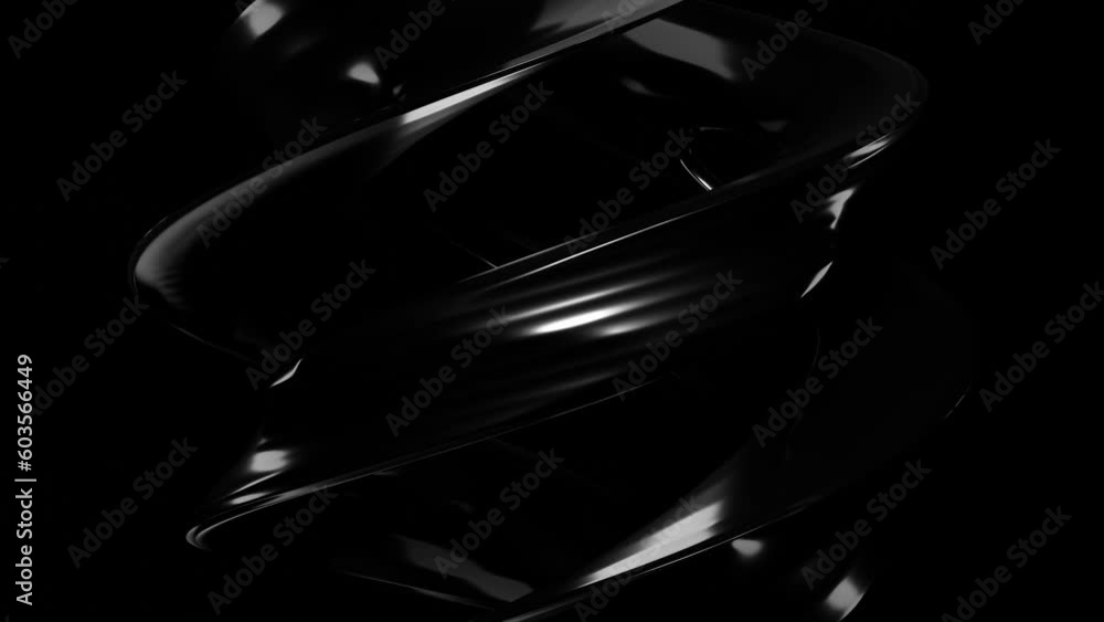 Poster an abstract figure made of black smooth plastic deforms and rotates and moves on a black background.