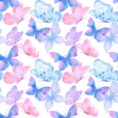 Bright seamless pattern of butterflies. Purple and pink print for wallpaper, clothes, layouts and design. Watercolor butterfly on white