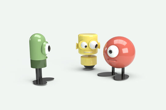 Three Social 3D Rendered Monsters. Two Monsters are staring at the red monster, who forgot something.