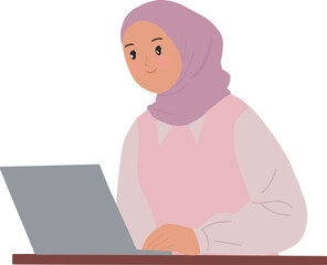 Pictures hijab moslem woman work on laptop illustration