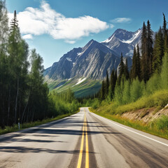 Fototapeta premium Asphalt road in high mountains, snow on the peaks, summertime, made with Generative AI