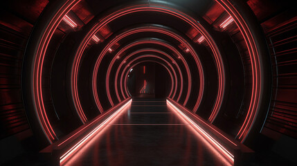 Futuristic corridor with glowing red neon lights. Generative ai illustration