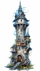 A medieval fantasy tower in an illustrated hand-drawn style, children's story book image, fairy tales, isolated on white, generative ai
