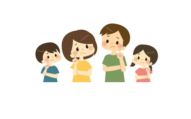 頬に指をあてている家族のイラスト