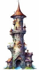 A medieval fantasy tower in an illustrated hand-drawn style, children's story book image, fairy tales, isolated on white, generative ai
