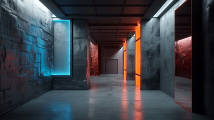Futuristic empty concrete corridor with glowing neon lights. Generative ai illustration