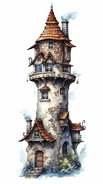 A medieval fantasy tower in an illustrated hand-drawn style, children's story book image, fairy tales, isolated on white, generative ai
