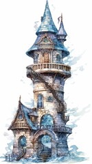 Fototapeta na wymiar A medieval fantasy tower in an illustrated hand-drawn style, children's story book image, fairy tales, isolated on white, generative ai 