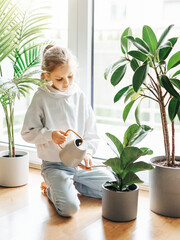 Little girl watering houseplants in her house.