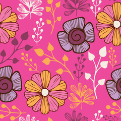 Botanical seamless pattern with flowers and leaves on pink background