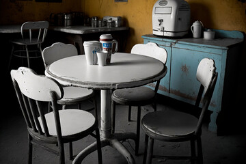 Fototapeta na wymiar tables and chairs in restaurant, table and chairs in the interior of a small old café, image created with ai