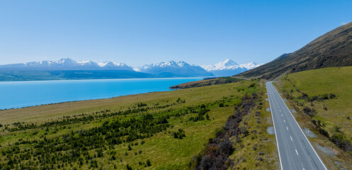 The mountain landscape view of blue sky background over Aoraki mount cook national park,New zealand