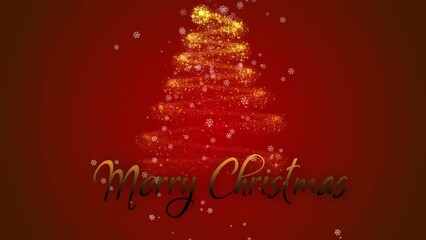 Merry Christmas, digital tree and sparks on mockup for celebration against a red studio background. Moving star animation, pattern or glitter for special holiday, sign or postcard on mockup space