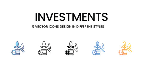 Investments Icon Design in Five style with Editable Stroke. Line, Solid, Flat Line, Duo Tone Color, and Color Gradient Line. Suitable for Web Page, Mobile App, UI, UX and GUI design.