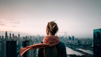 person in the city, rear view of a woman dressed in winter clothes, leaning out on a terrace with the city in the background, image created with ai

