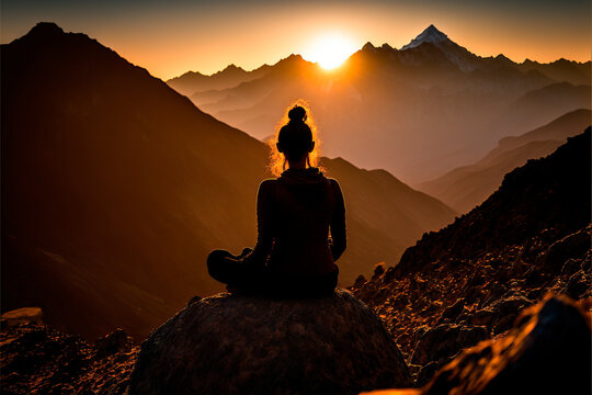 silhouette of person sitting on a mountain, woman performing yoga poses in the mountains at sunset, image created with ai

