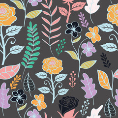 Colorful seamless pattern of flowers and leaves on dark background