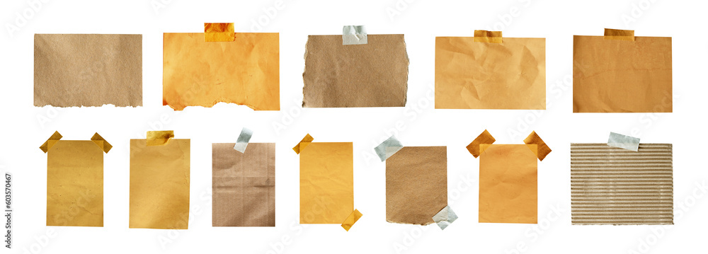 Poster set of vintage note paper with texture. blank retro paper glued to the board with tape