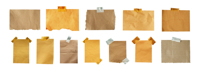 Set of vintage note paper with texture. Blank retro paper glued to the board with tape