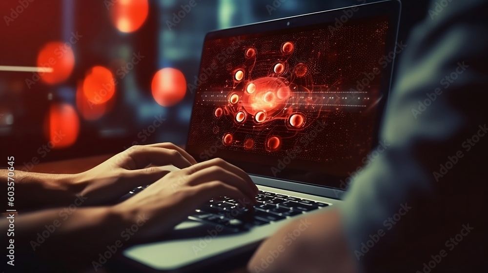 Aufkleber cyber security and cybercrime. system hacked with master key lock on laptop, notebook. cyber attack 