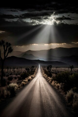 Naklejka na ściany i meble clouds over the road, landscape of a road in a straight line in the desert with a cloudy background, between the clouds, sun rays come out and faintly illuminate the landscape, image created with ai