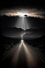 clouds in the mountains, landscape of a road in a straight line in the desert with a cloudy background, between the clouds, sun rays come out and faintly illuminate the landscape, image created with a