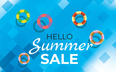 Summer Sale poster and banner template with Colorful Float on water in the tiled pool Background. Sale banner Design for Summer in flat lay styling. Promotion and shopping template for Summer and pool