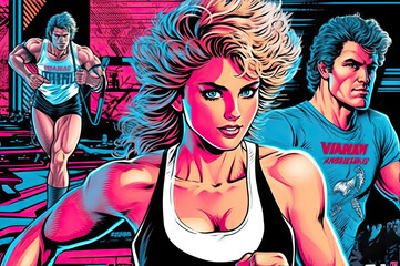 80s 90s retro style people ready to exercise created with Generative AI technology