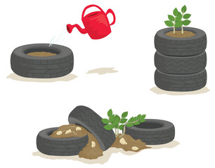 Colour cartoon of potato planting in old tyres © Bryony