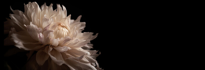 Fototapeta na wymiar White Chrysanthemum flower on black background, banner. Generative AI