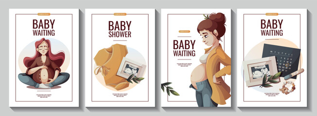 Set of flyers with pregnant women, baby clothes, monthly calendar, ultrasound baby picture, Positive pregnancy test. Motherhood, Pregnancy, baby waiting concept. A4 Vector illustrations.